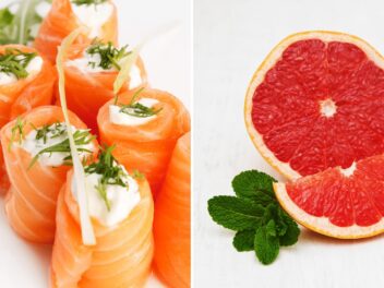 Recettes Apéro dînatoire : roulés de saumon mariné aux herbes et pamplemousse